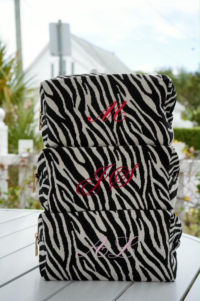 Custom Embroidered Zebra Print Cosmetic Bag Personalized Monogram Travel Toiletry Pouch Bridal Bachelorette