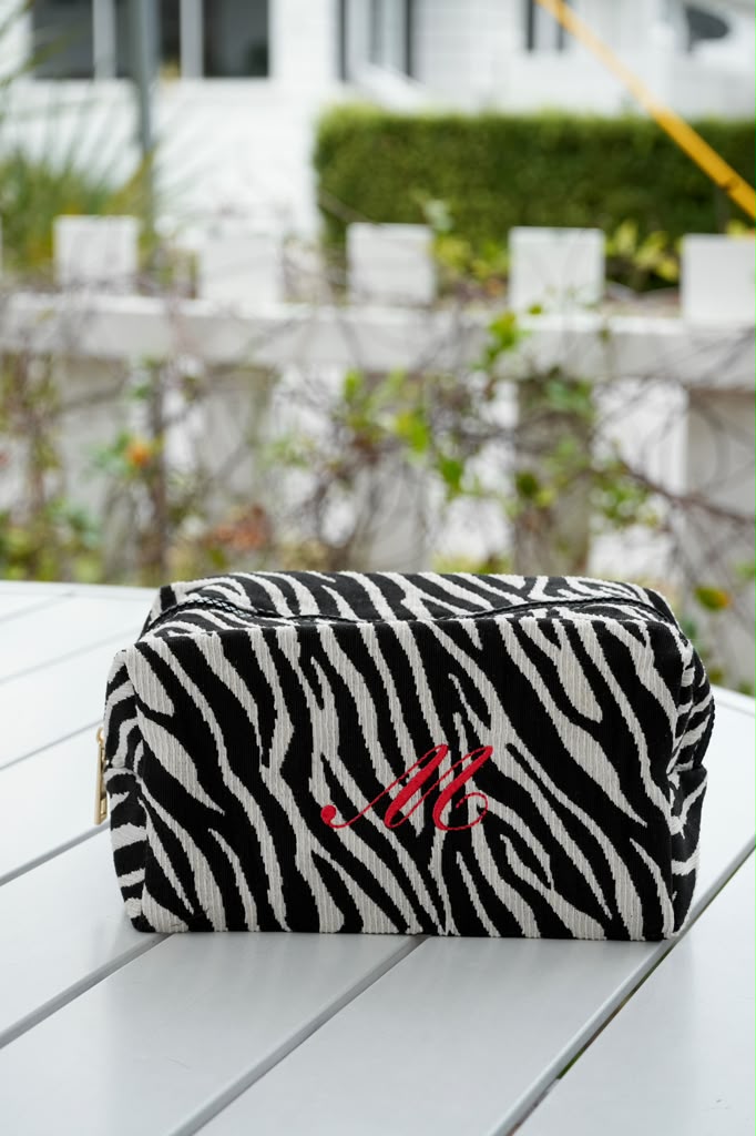 Custom Embroidered Zebra Print Cosmetic Bag Personalized Monogram Travel Toiletry Pouch Bridal Bachelorette